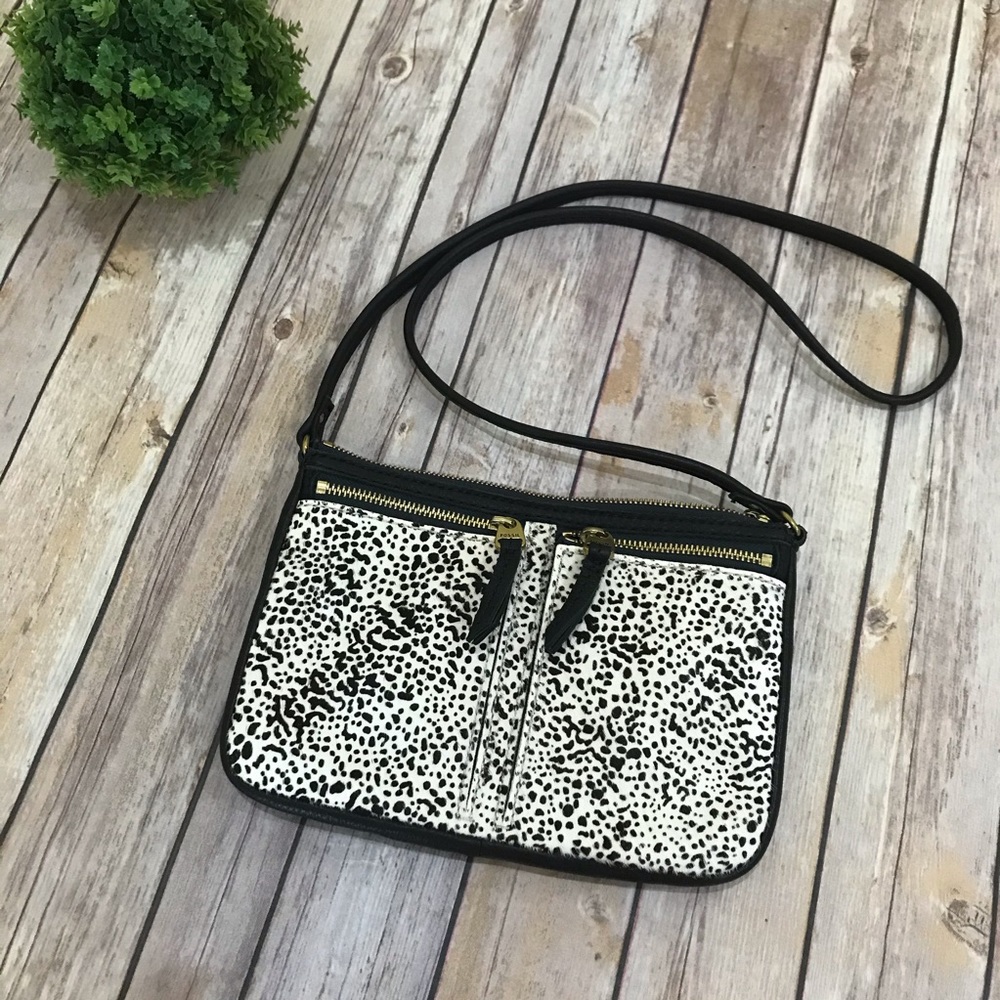 Fossil Black White Leather Calf Hair Crossbody Bag